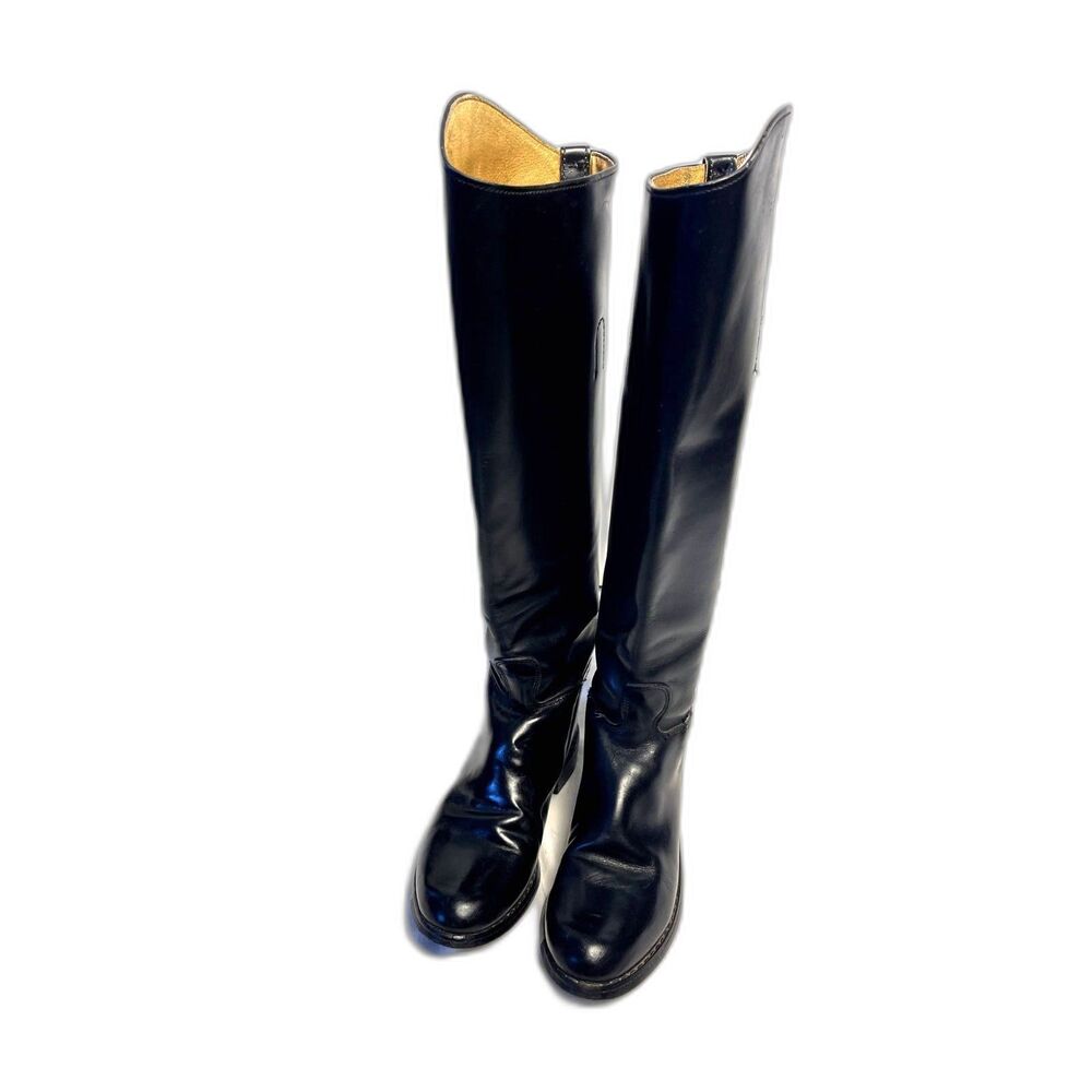 Vtg Leather Boots Riding 5B Black Leather Equestrian Patrol‎ Tall USA Handmade
